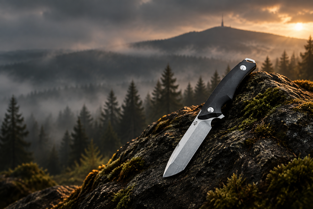 Brocken Messer auf Harzer Fels vor nebligem Wald